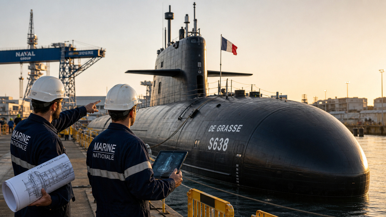 Dois engenheiros da Marinha observam submarino De Grasse S638 atracado ao pôr do sol em estaleiro naval.