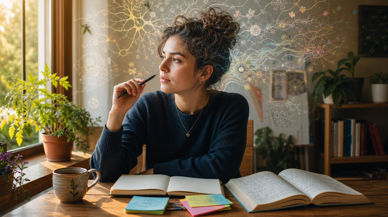 Mulher pensativa escrevendo em caderno, sentada em mesa com livros e plantas perto da janela iluminada.