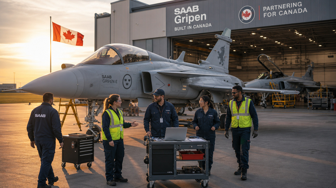 Equipe técnica em frente a caça Saab Gripen na pista de decolagem com hangar ao fundo e bandeira do Canadá.