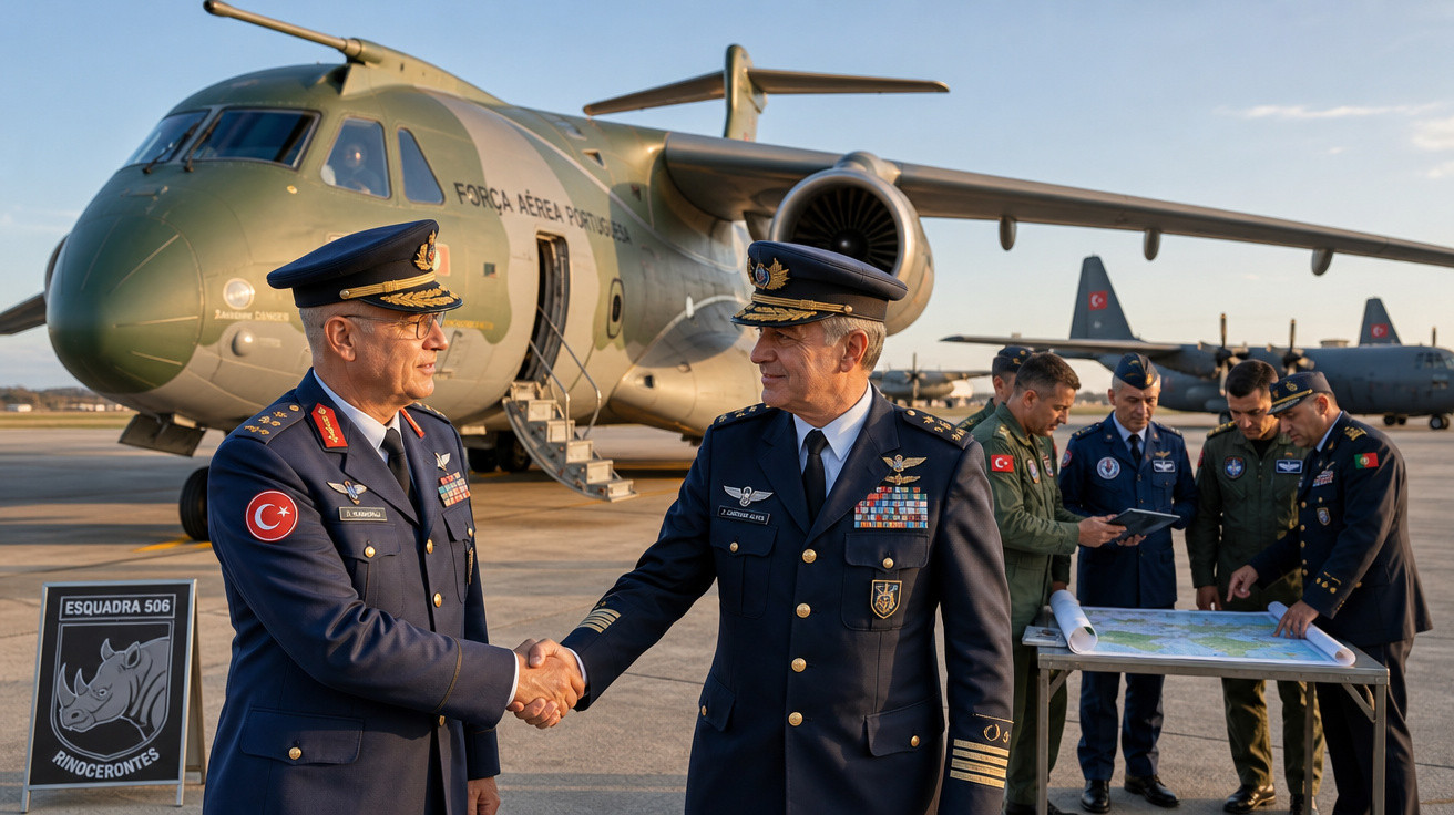 Dois oficiais militares apertando as mãos em frente a aeronave da Força Aérea Portuguesa com outros militares analisando mapa