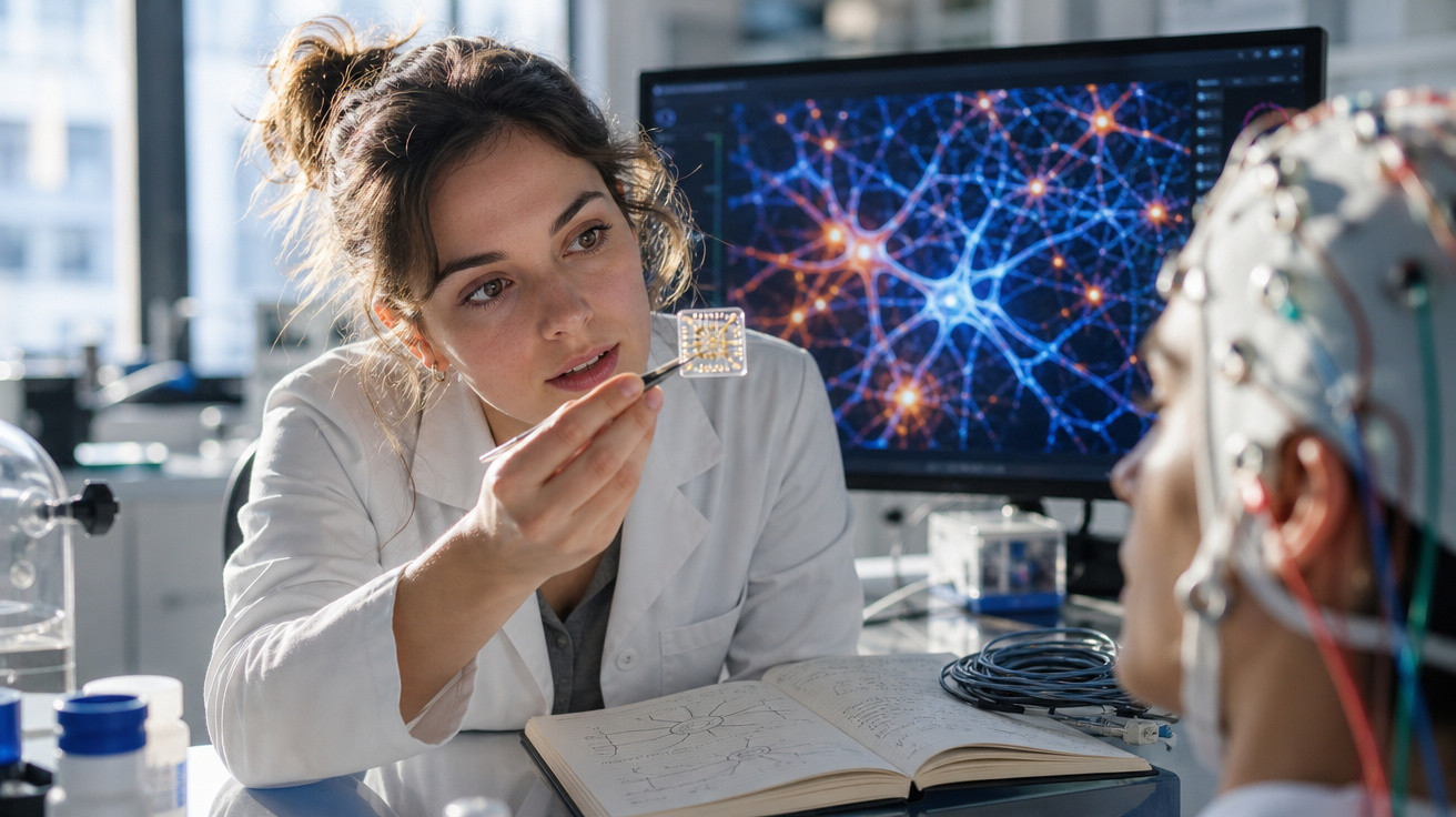 Pesquisadora com jaleco branca analisa chip neural, com cérebro humano em eletroencefalograma ao fundo.