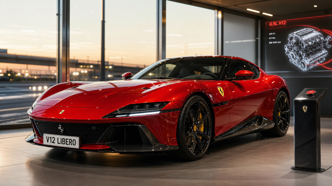 Carro esportivo vermelho Ferrari V12 Libero em exposição interna com motor e especificações ao fundo.