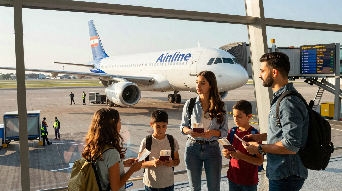 Família com bagagens e passagens, conversando em aeroporto com avião ao fundo na pista.