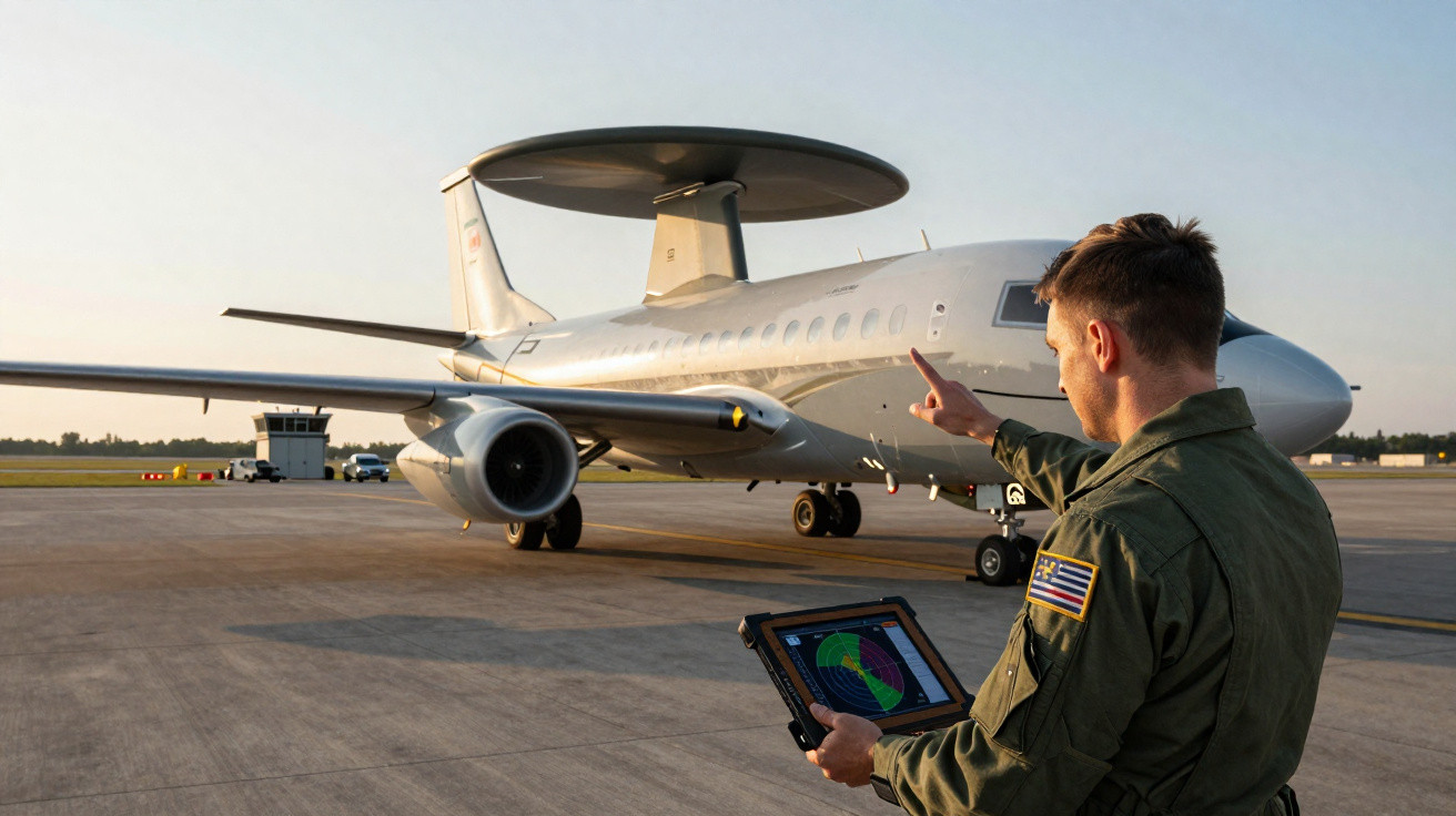 Militar com tablet aponta para avião militar estacionado em pista de aeroporto ao pôr do sol.