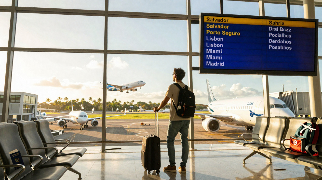 Jovem com mochila e mala espera voo em aeroporto com janelas grandes e painel de embarque ao fundo.