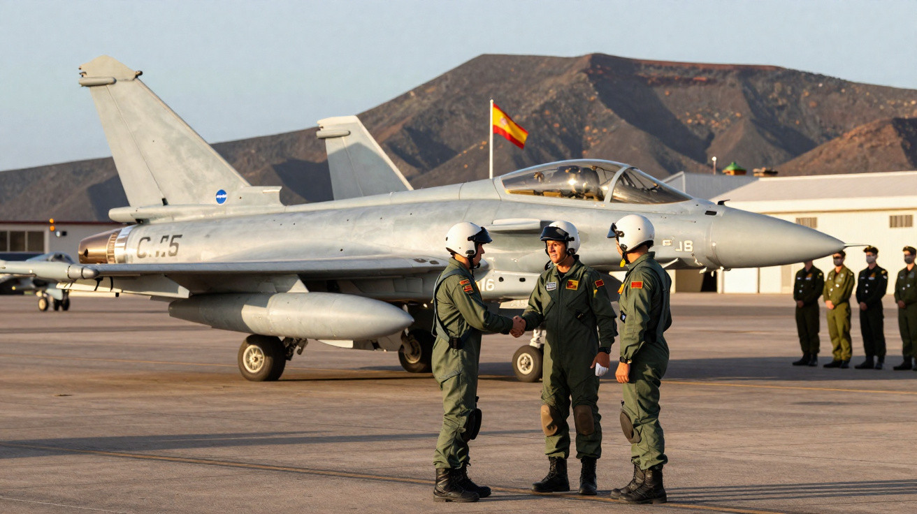 Três pilotos militares com macacão e capacete se cumprimentam diante de caça militar na pista de aeroporto em dia ensolarado.
