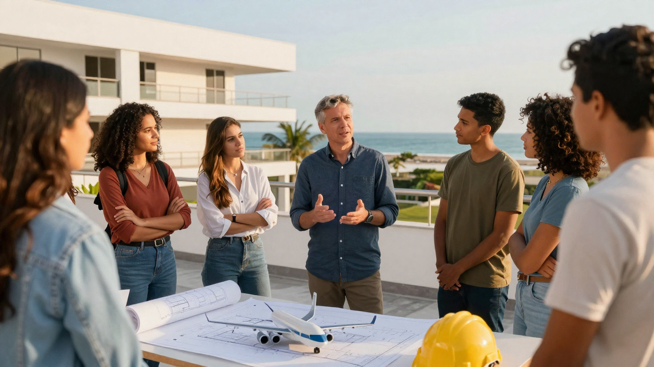 Grupo de pessoas ao ar livre discutindo projeto de maquete em área próxima ao mar.