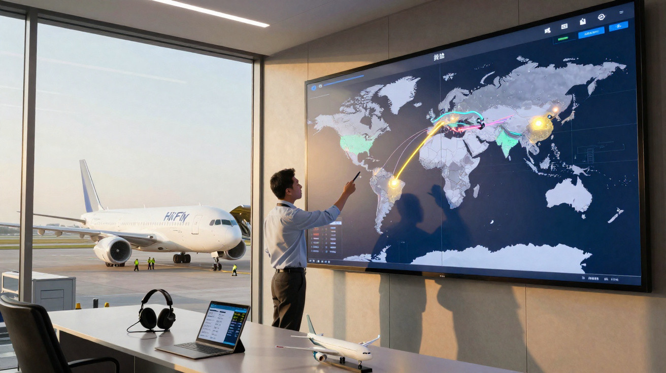 Homem em escritório apontando mapa mundial digital com rotas aéreas e avião estacionado do lado de fora.
