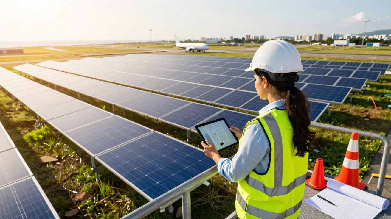 Mulher com capacete e colete refletivo analisa painel solar em plataforma próxima a aeroporto ao pôr do sol.