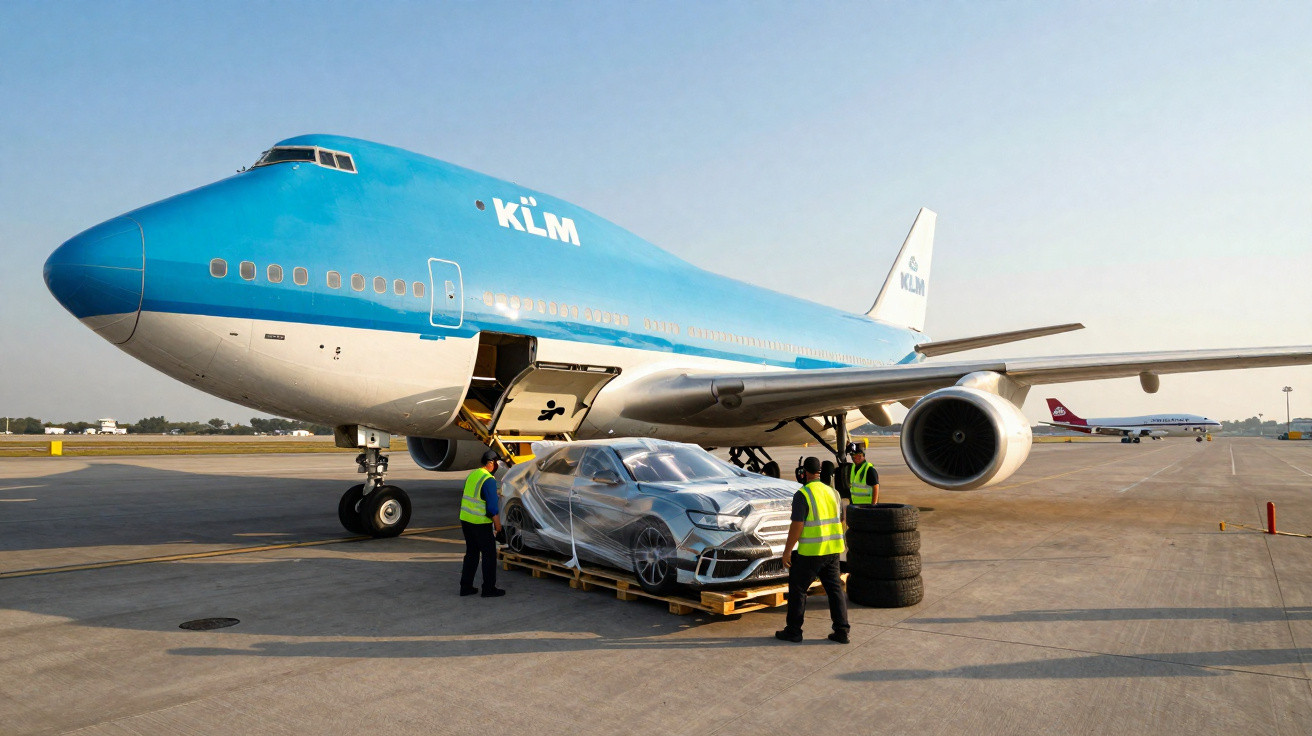 Avião da KLM na pista sendo carregado com carro protegido por filme plástico e três trabalhadores à volta.