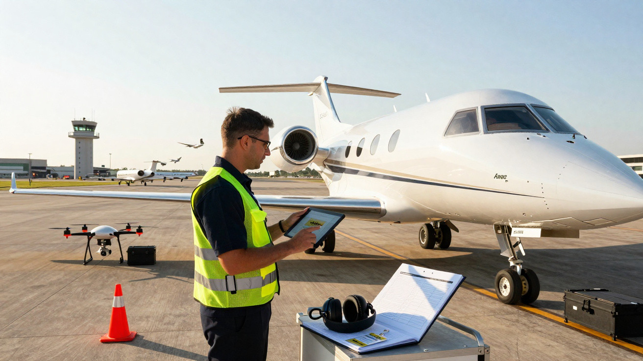 Técnico com colete refletivo usando tablet ao lado de jato privado em pista de aeroporto durante o dia.