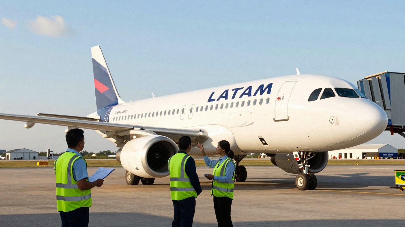 Avião da LATAM no aeroporto com três funcionários de colete refletivo conversando próximo à aeronave.