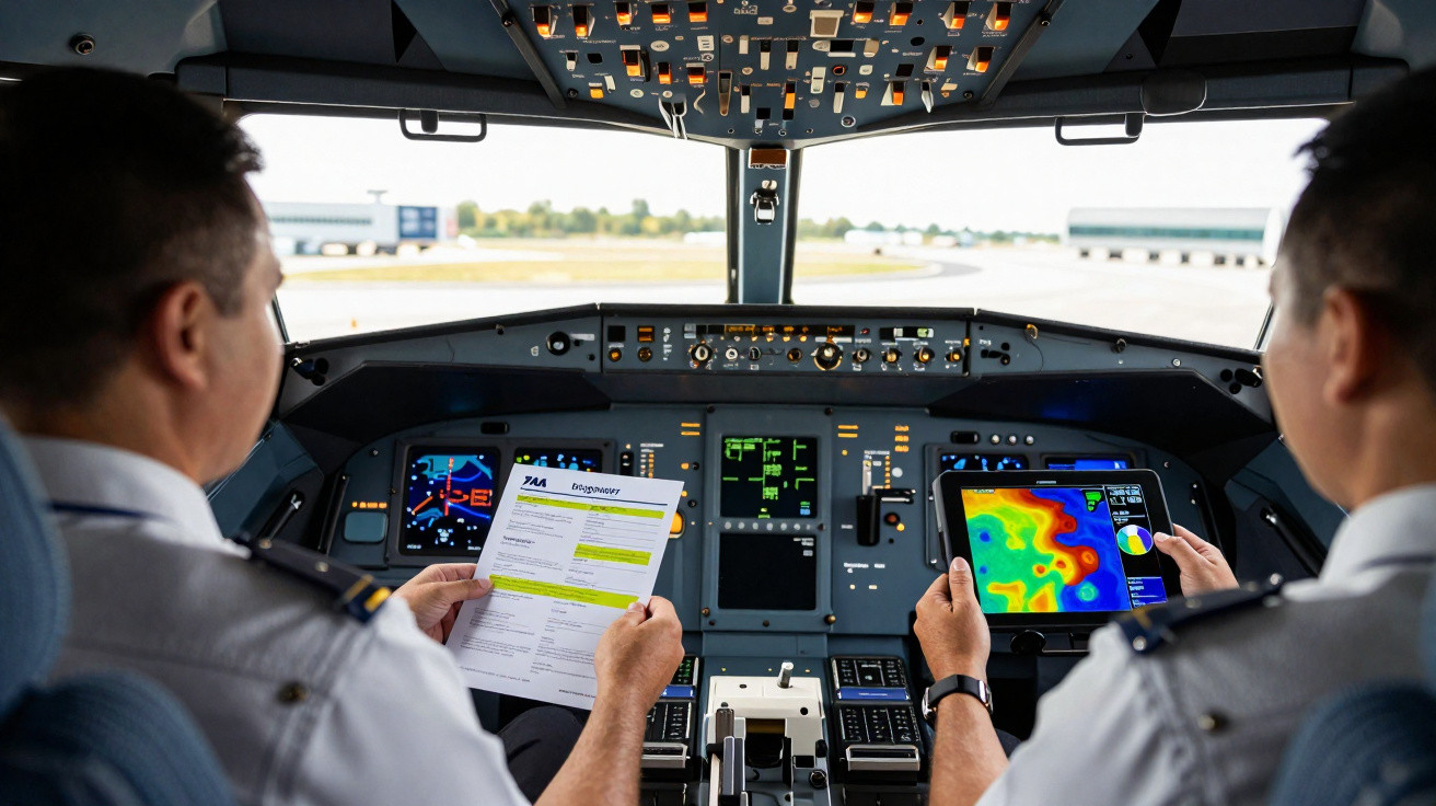Dois pilotos na cabine de comando de avião, um segurando um documento e outro um tablet com mapa climático.