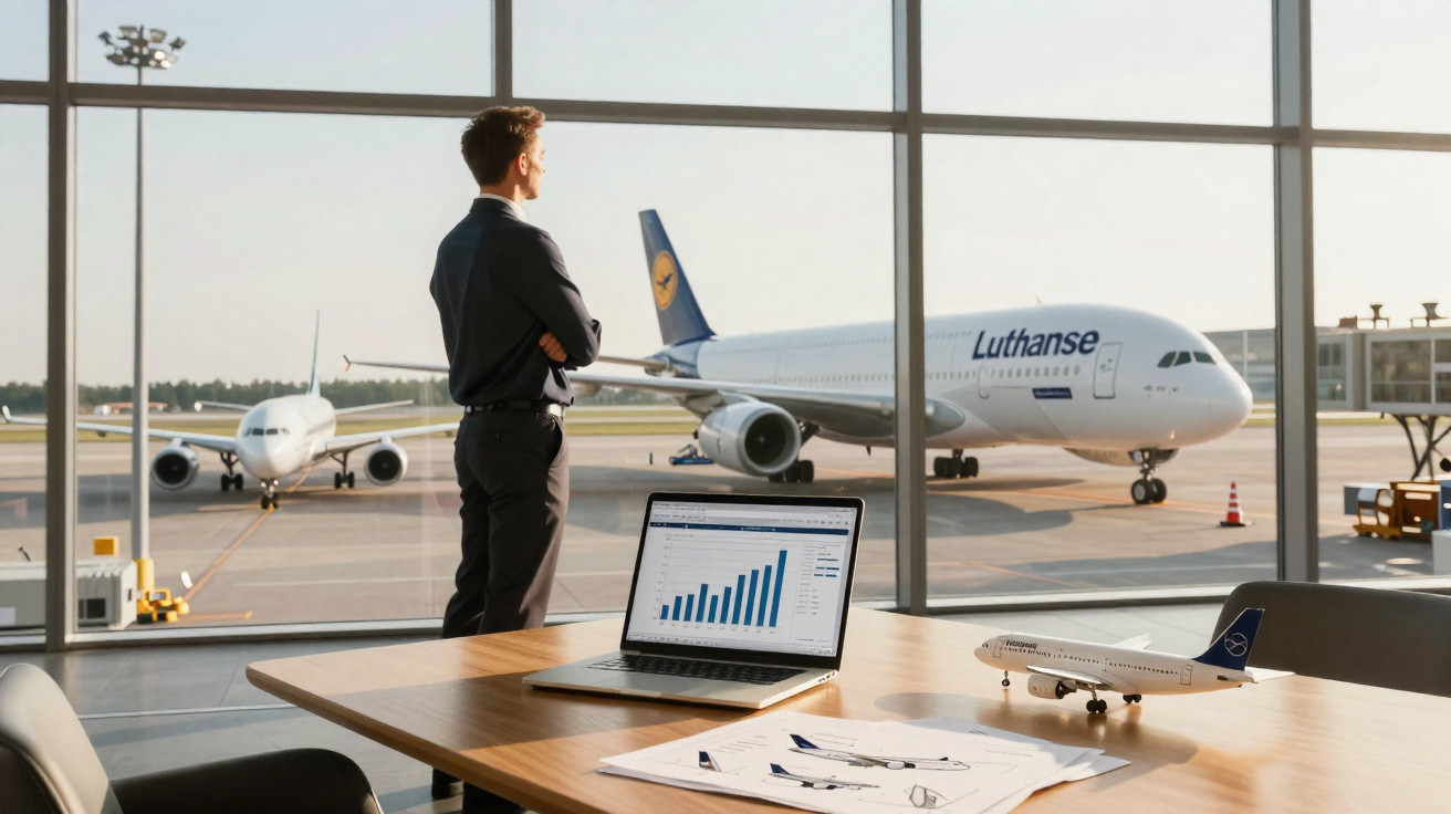 Homem observa aviões da Lufthansa na pista, com laptop e maquete de avião em mesa no aeroporto.