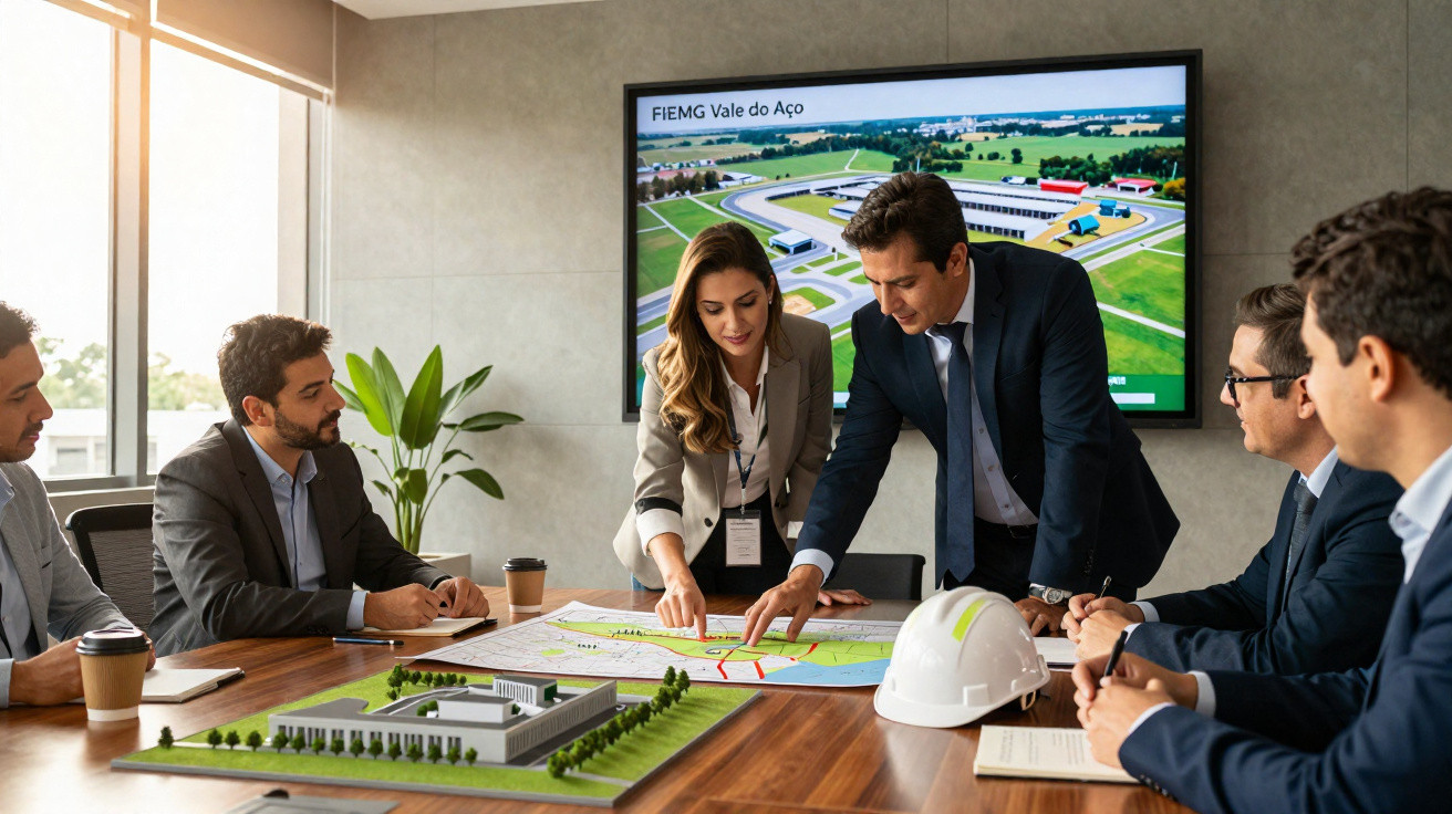 Grupo de profissionais discutindo projeto de construção em uma sala de reunião moderna.