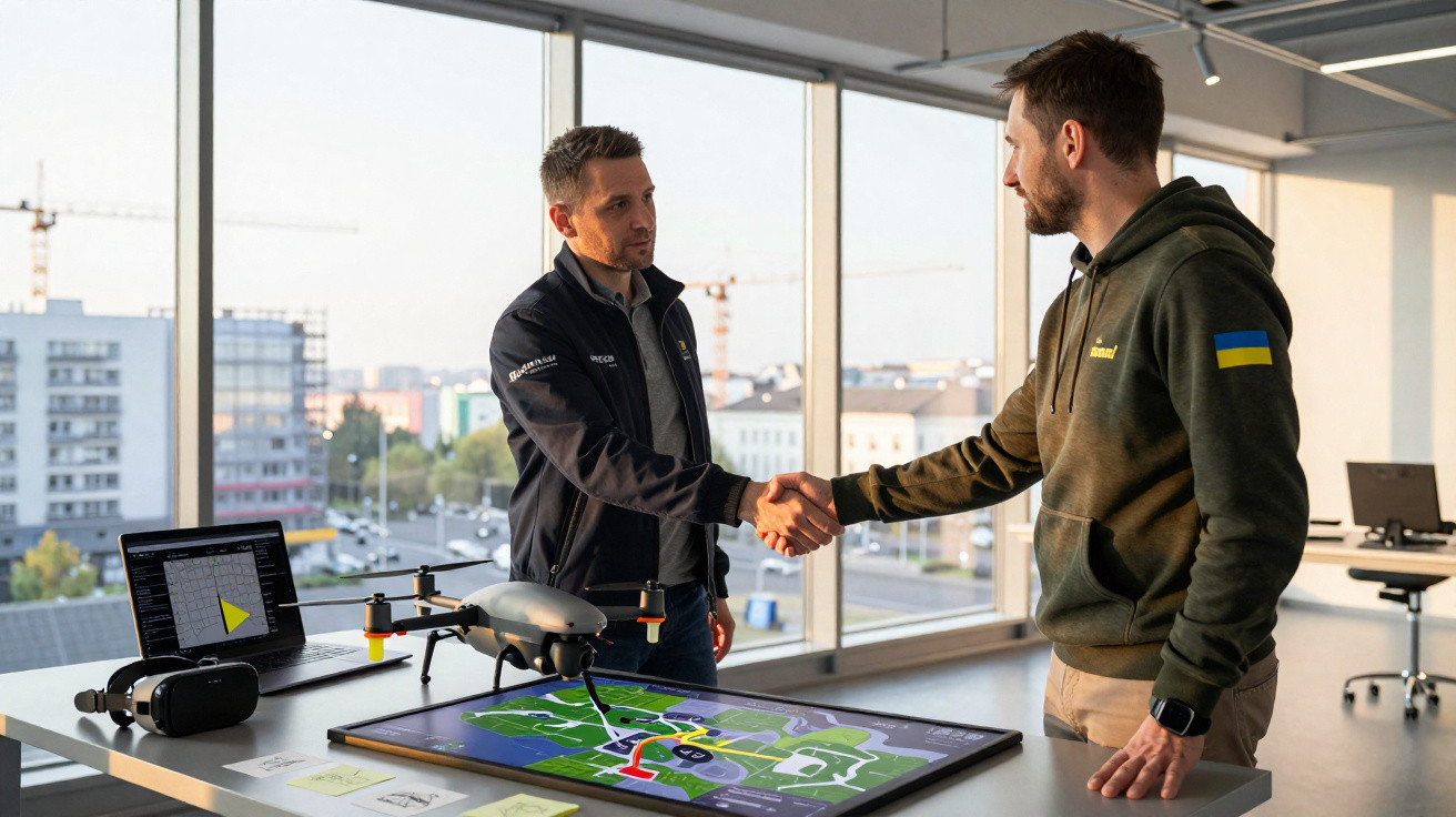 Dois homens apertando as mãos em escritório moderno com drone, mapa e laptop sobre a mesa.