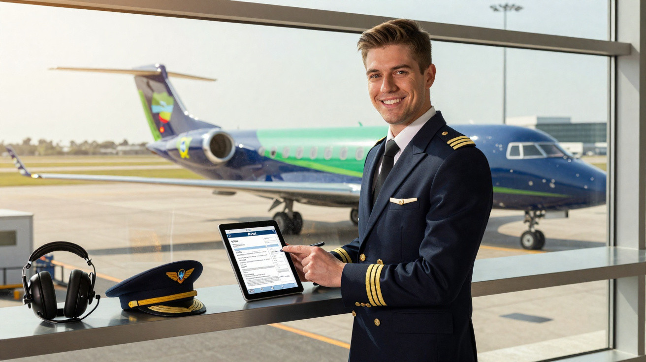 Piloto sorridente em uniforme azul aponta para tablet em aeroporto, com avião estacionado ao fundo.