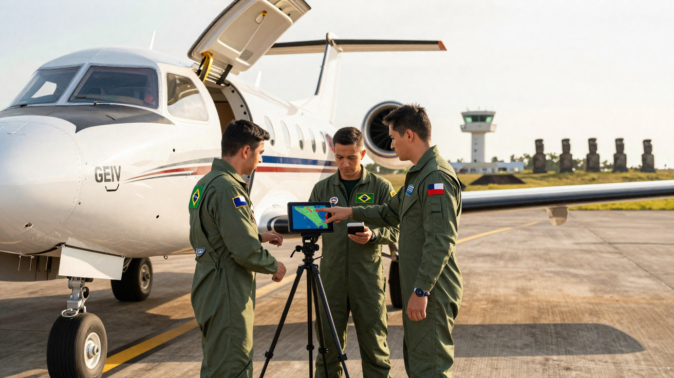 Três militares em uniforme discutem dados em tablet junto a jato branco em pista de aeroporto.