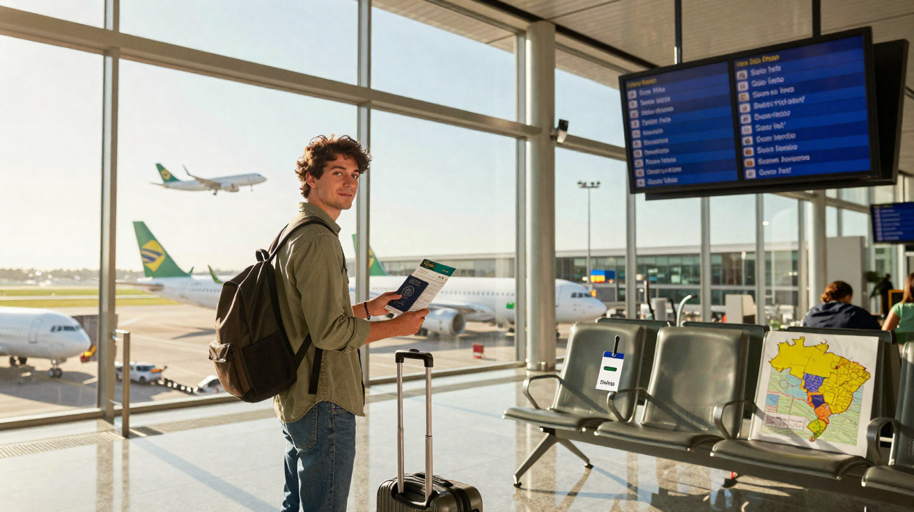 Homem jovem no aeroporto segurando passaporte e bilhete, com malas e aviões ao fundo.