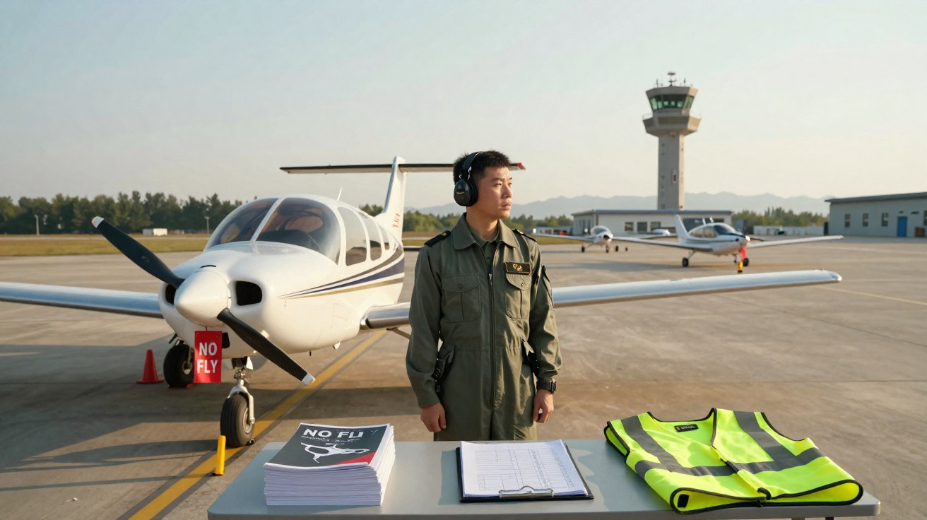 Homem com fone ao lado de avião pequeno em pista, com mesa contendo colete refletivo e documentos.
