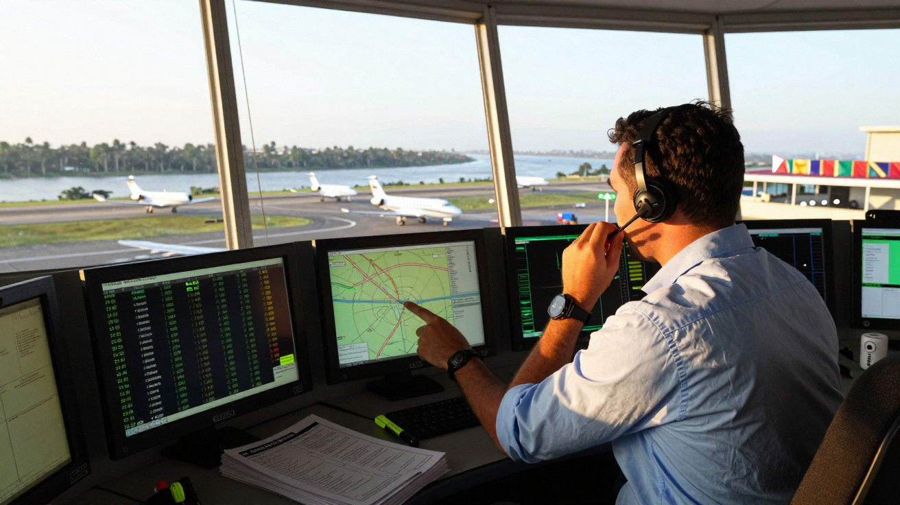 Controlador de tráfego aéreo usando headset e monitorando radares em torre de aeroporto com pista e aviões ao fundo.