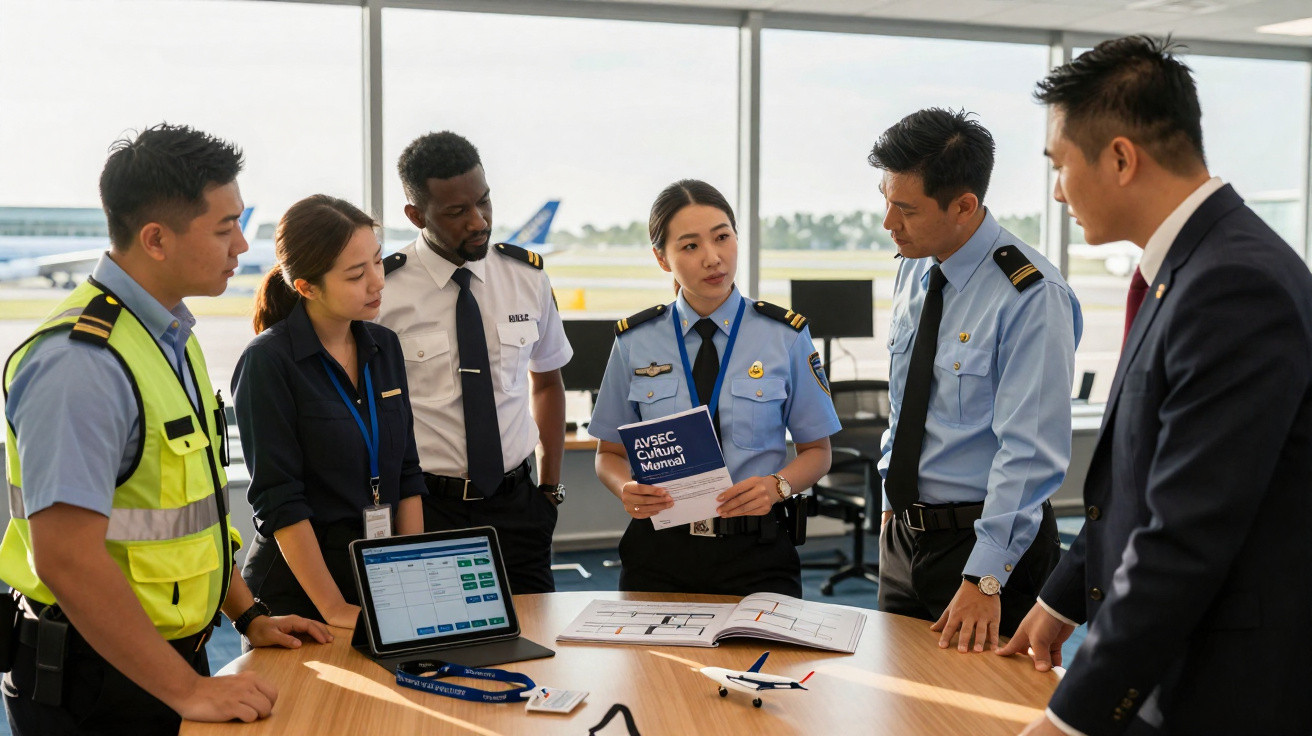 Equipe de profissionais da aviação discutindo planejamento em sala com livros e laptop na mesa.