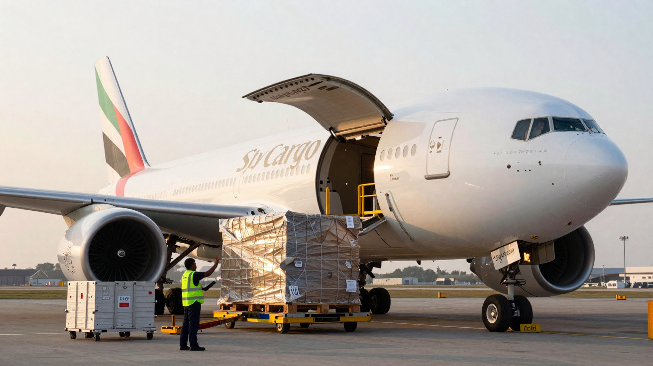 Avião cargueiro Emirates com portão aberto sendo carregado com pallets de mercadorias no aeroporto.