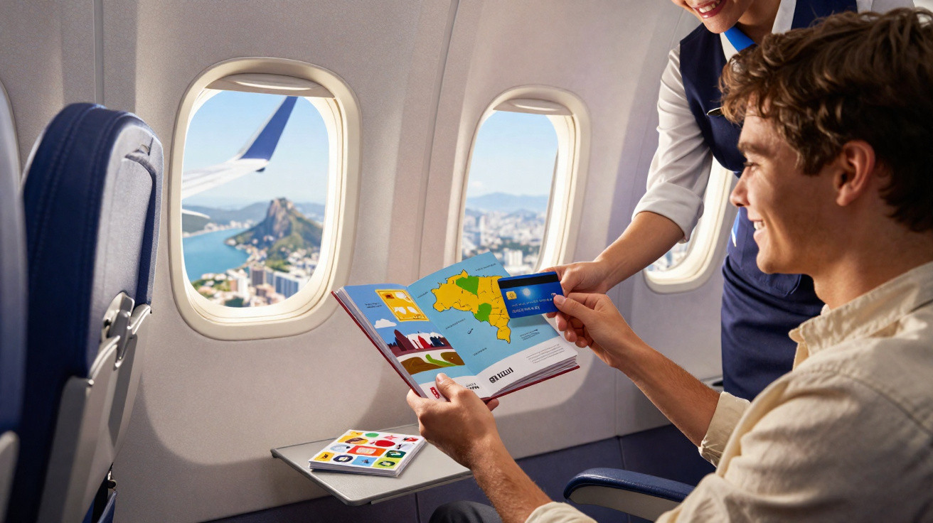 Passageiro no avião recebendo cartão da comissária enquanto olha um livro colorido de geografia.