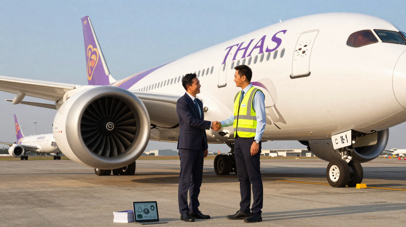 Dois homens apertando as mãos em frente a um avião branco e roxo estacionado no aeroporto.