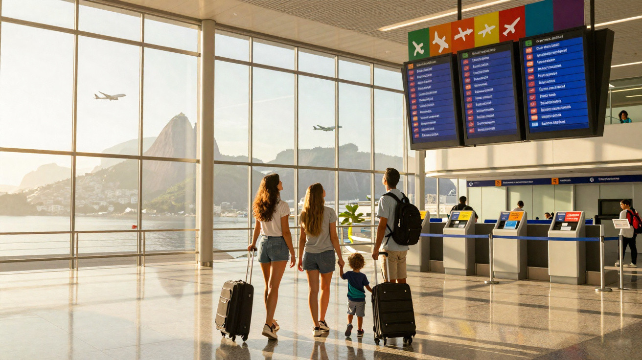 Família com duas crianças e malas no aeroporto com vista para aviões e montanhas ao fundo.