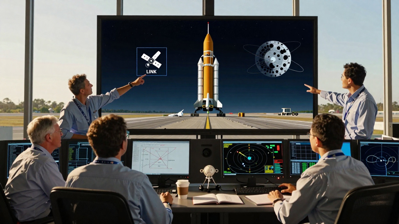 Equipe de cientistas analisando dados de foguete e satélite na sala de controle espacial.