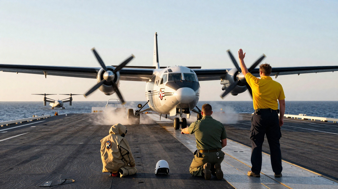 Três militares coordenam decolagem de avião de transporte em convés de porta-aviões no mar.