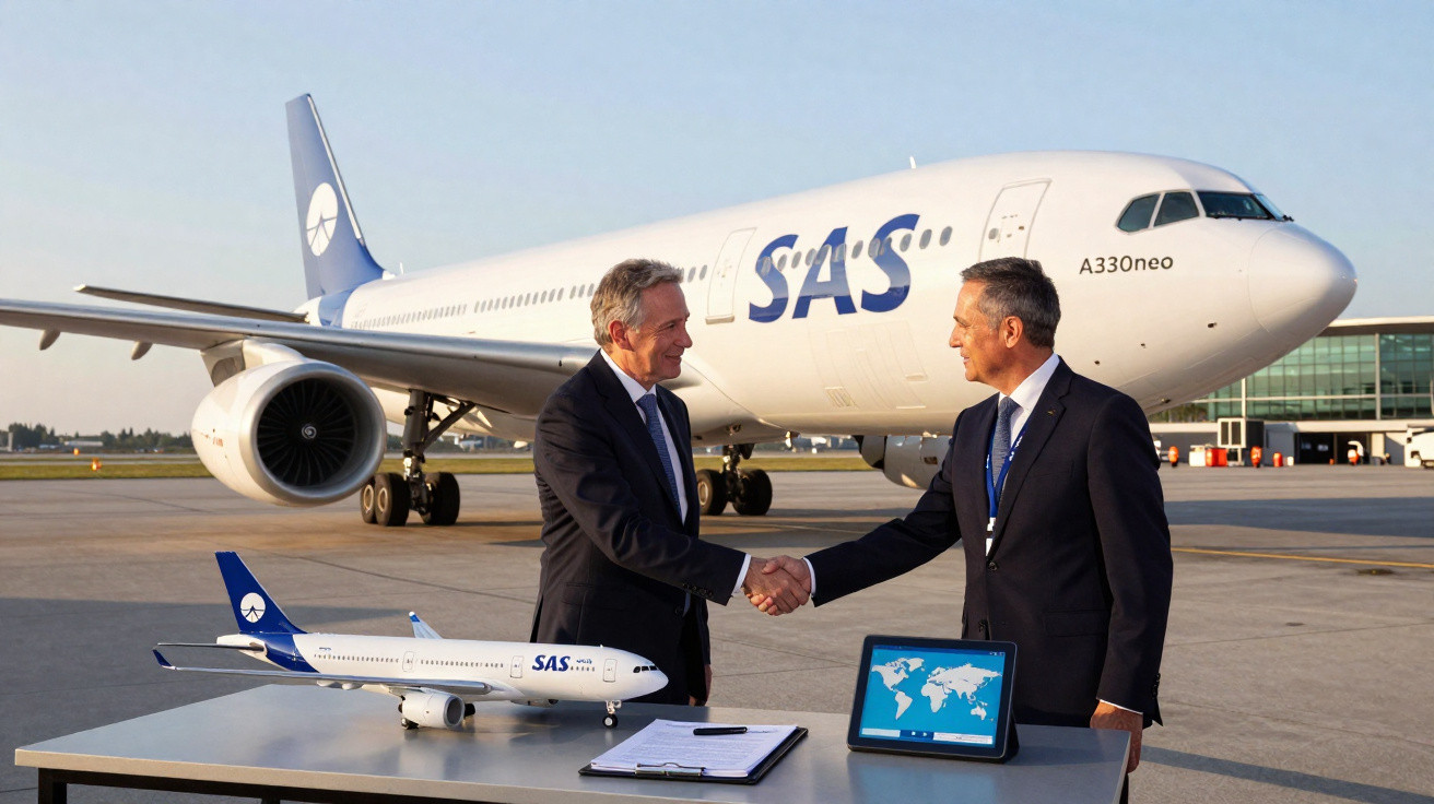 Dois homens em terno apertam as mãos em frente a um avião SAS e uma mesa com modelo de avião, clipboard e tablet.