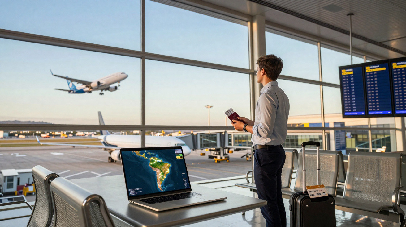 Homem esperando voo no aeroporto com passaporte na mão e laptop aberto sobre mesa.