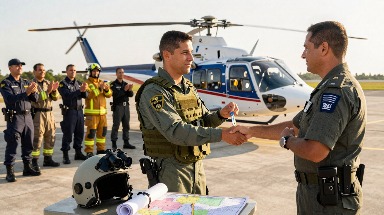 Dois policiais militares fazendo troca de cumprimentos e entrega de objeto ao lado de helicóptero, com grupo aplaudindo.
