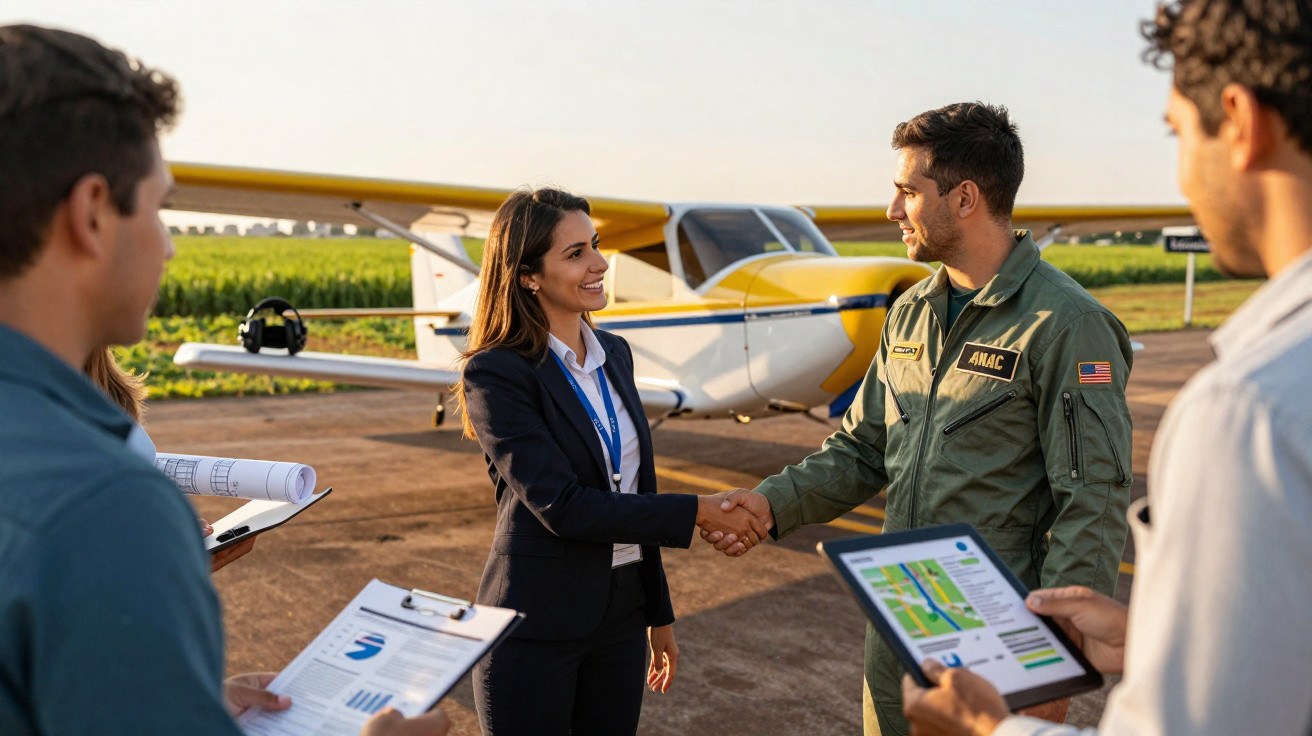Mulher de terno cumprimenta piloto em uniforme militar perto de avião pequeno em pista ao pôr do sol.