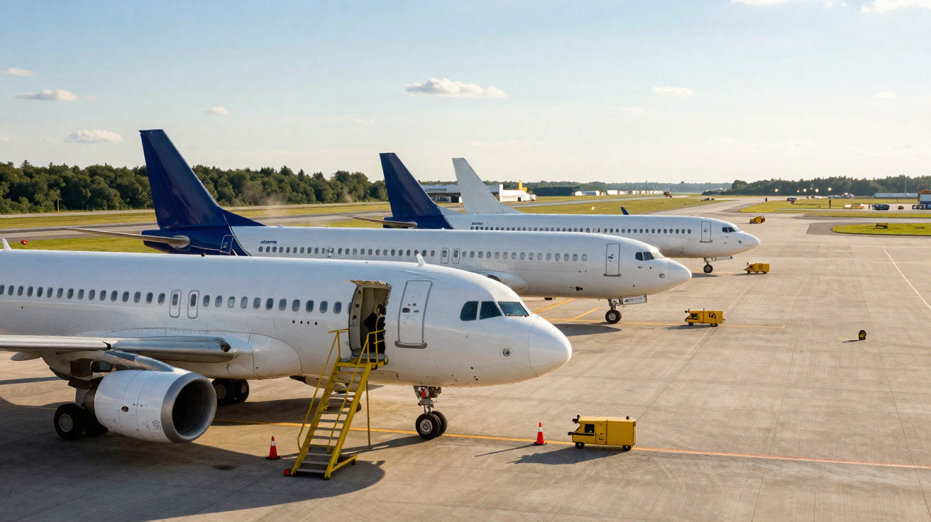 Três aviões estacionados em fila no pátio de aeroporto sob céu claro durante o dia.