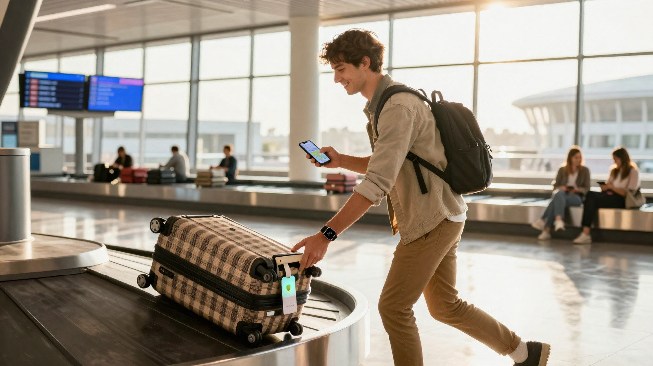 Jovem sorridente pega mala na esteira de bagagens no aeroporto usando celular e mochila.