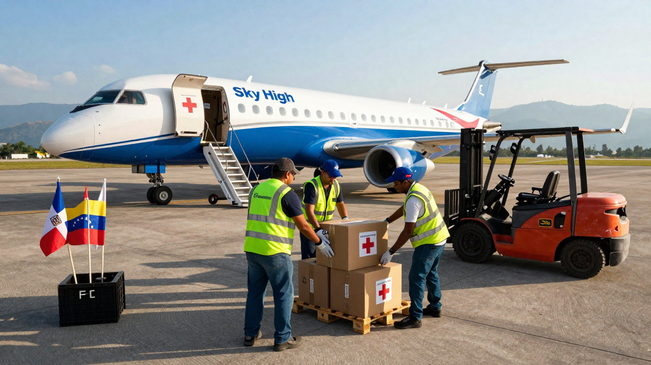 Três trabalhadores carregam caixas de ajuda humanitária com símbolo de cruz vermelha ao lado de avião e empilhadeira.