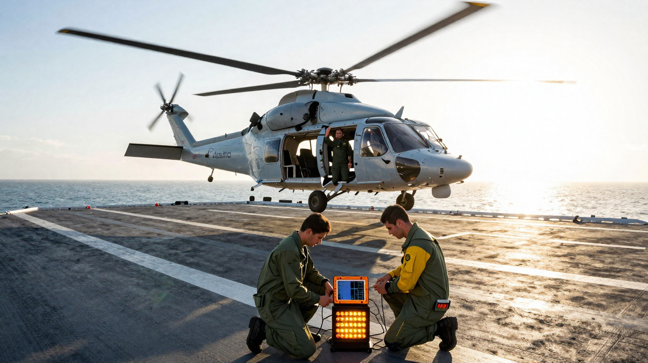 Helicóptero cinza em voo pairando sobre plataforma marítima com dois homens operando equipamento eletrônico.