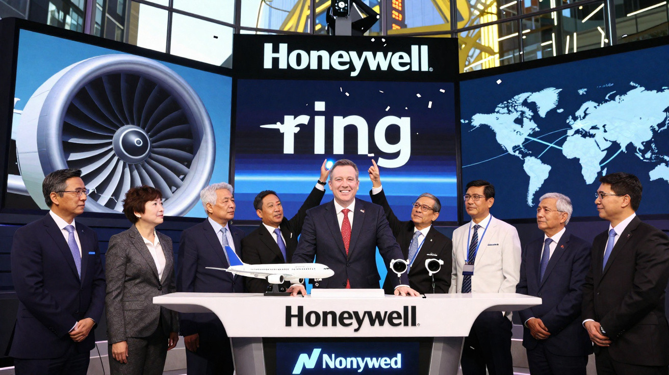 Grupo de executivos em evento da Honeywell com maquete de avião e telas digitais ao fundo.