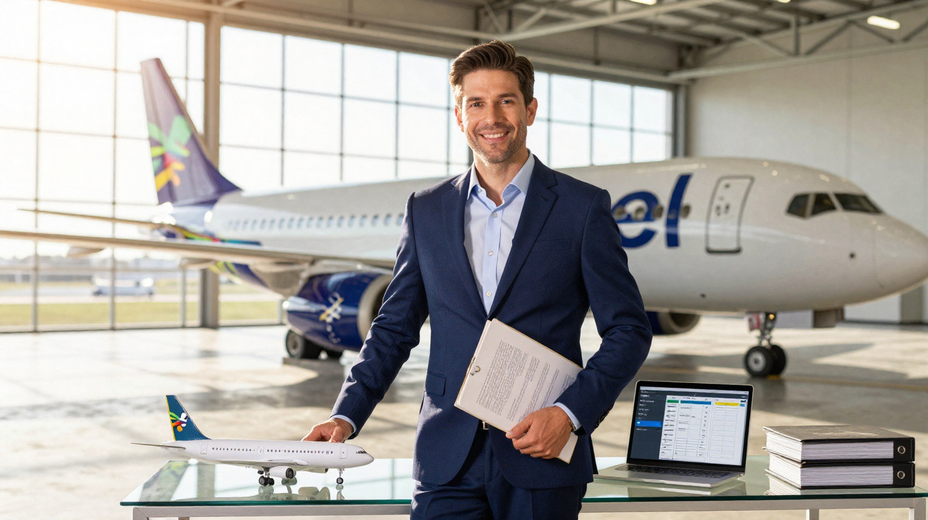 Homem de terno azul sorrindo em hangar com modelo de avião, documentos, laptop e avião ao fundo.