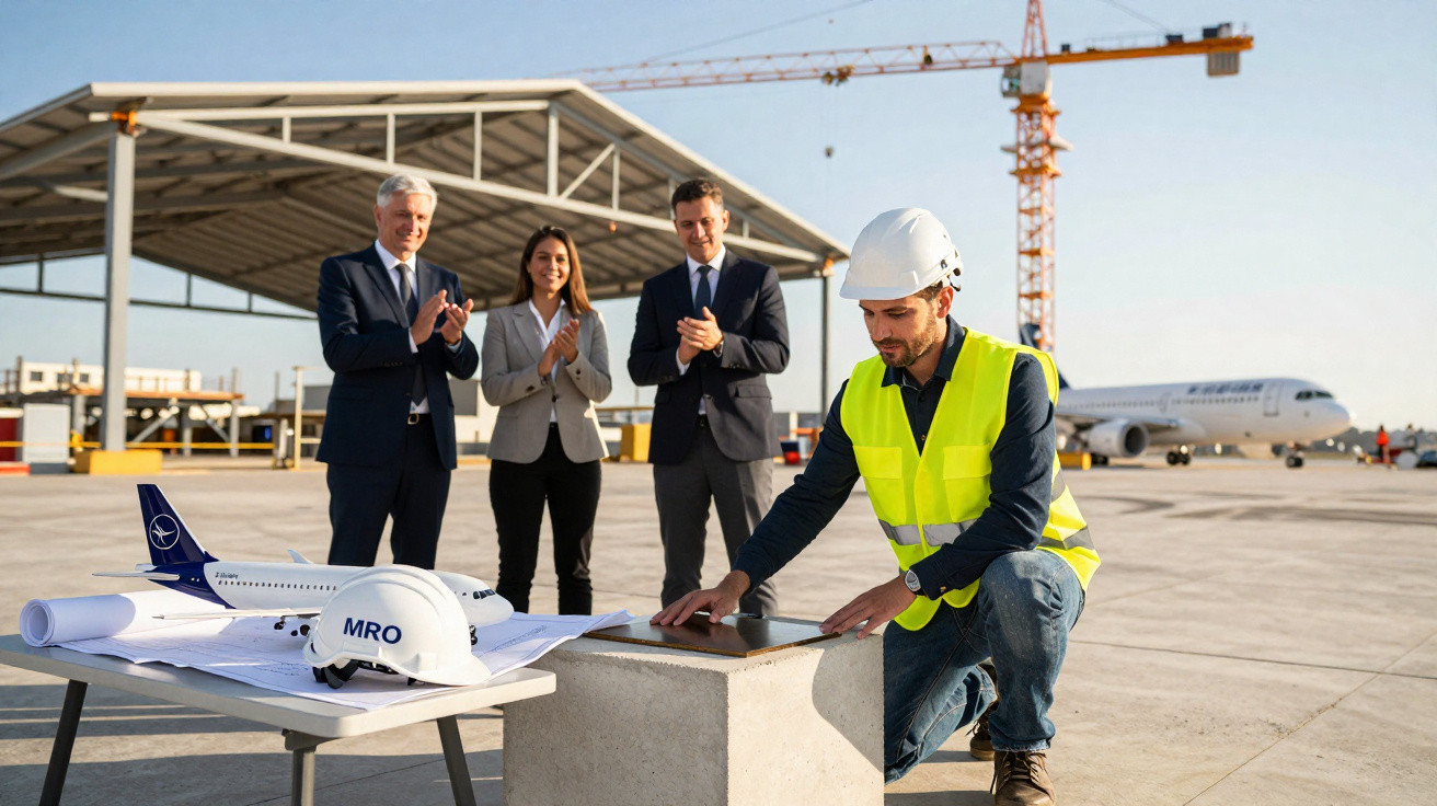 Engenheiro com capacete e colete assinando documento em cerimônia de inauguração no aeroporto, enquanto pessoas aplaudem.