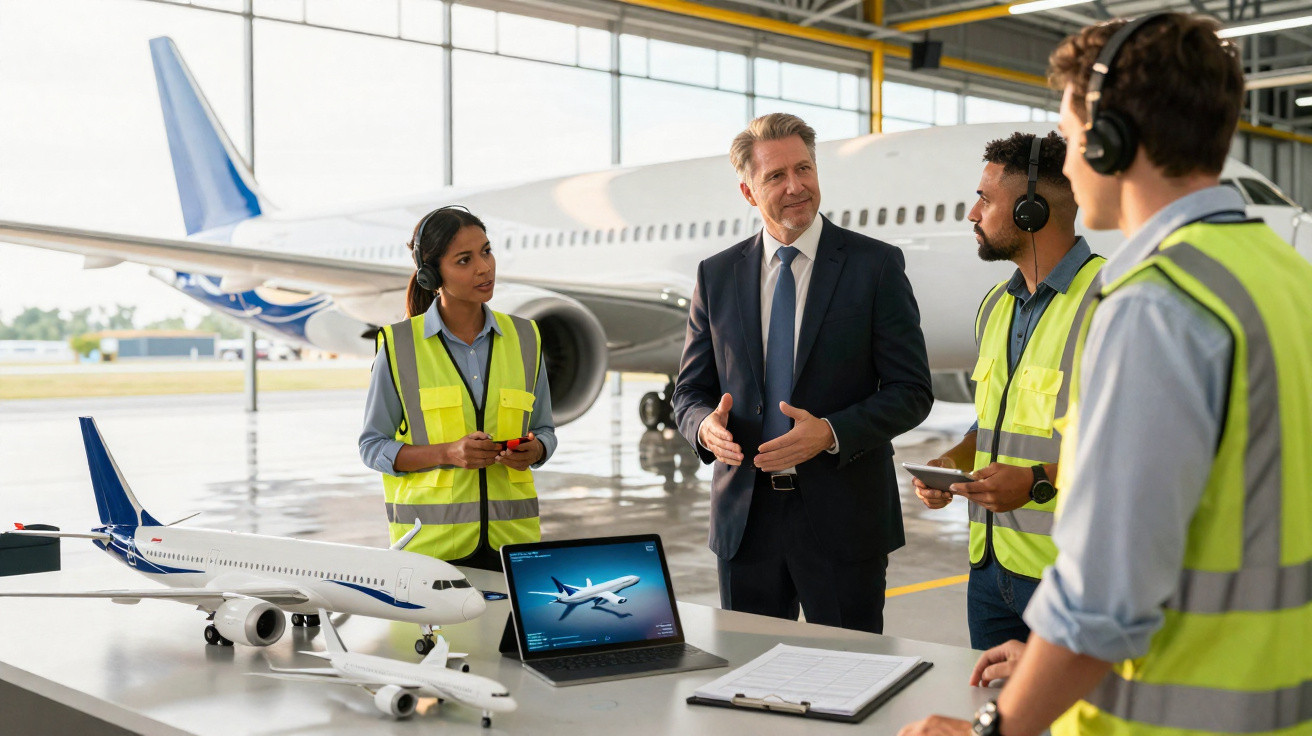 Profissionais da aviação em reunião perto de modelos de avião e laptop com imagem de aeronave.
