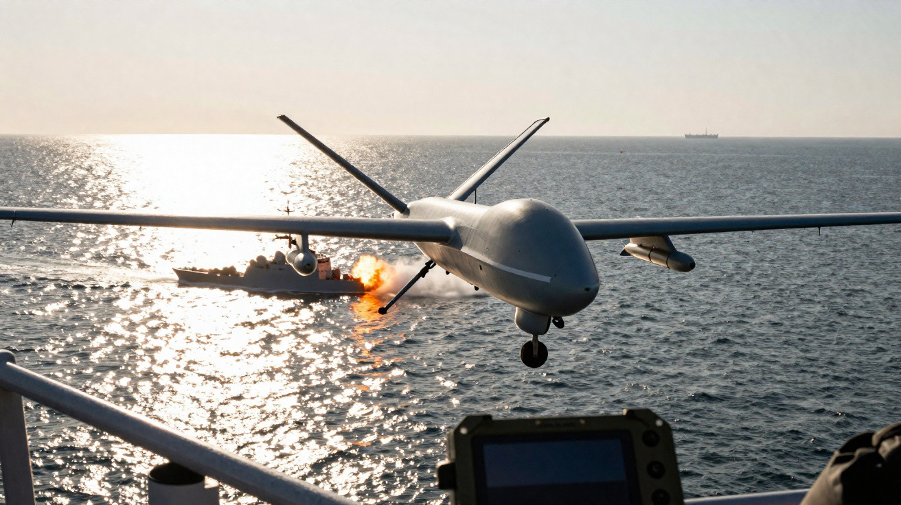 Dron militar sobrevoando mar com embarcação naval em chamas ao fundo durante operação marítima.