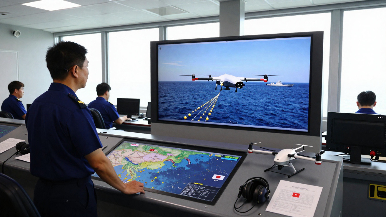 Homem em uniforme naval monitora drone patrulhando o mar em sala de controle com telas e mapas digitais.