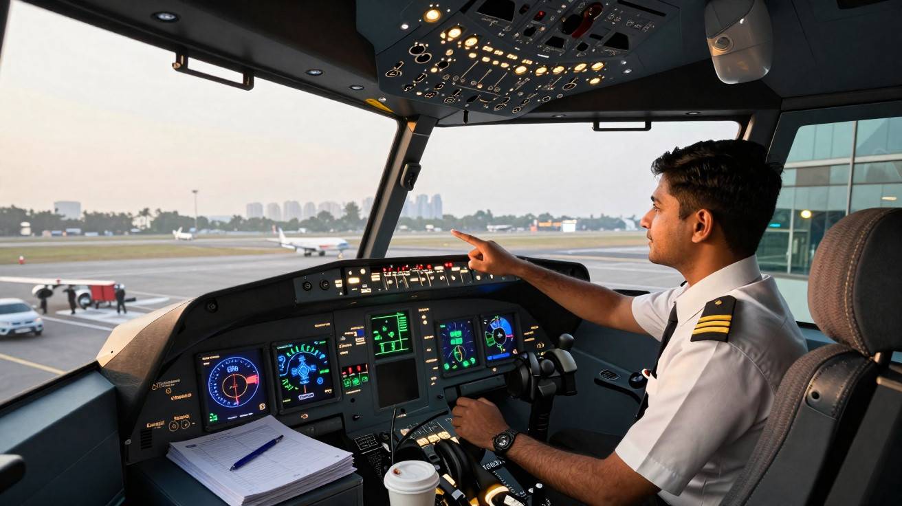 Piloto no cockpit de avião apontando para o painel de controle com instrumentos e displays digitais.