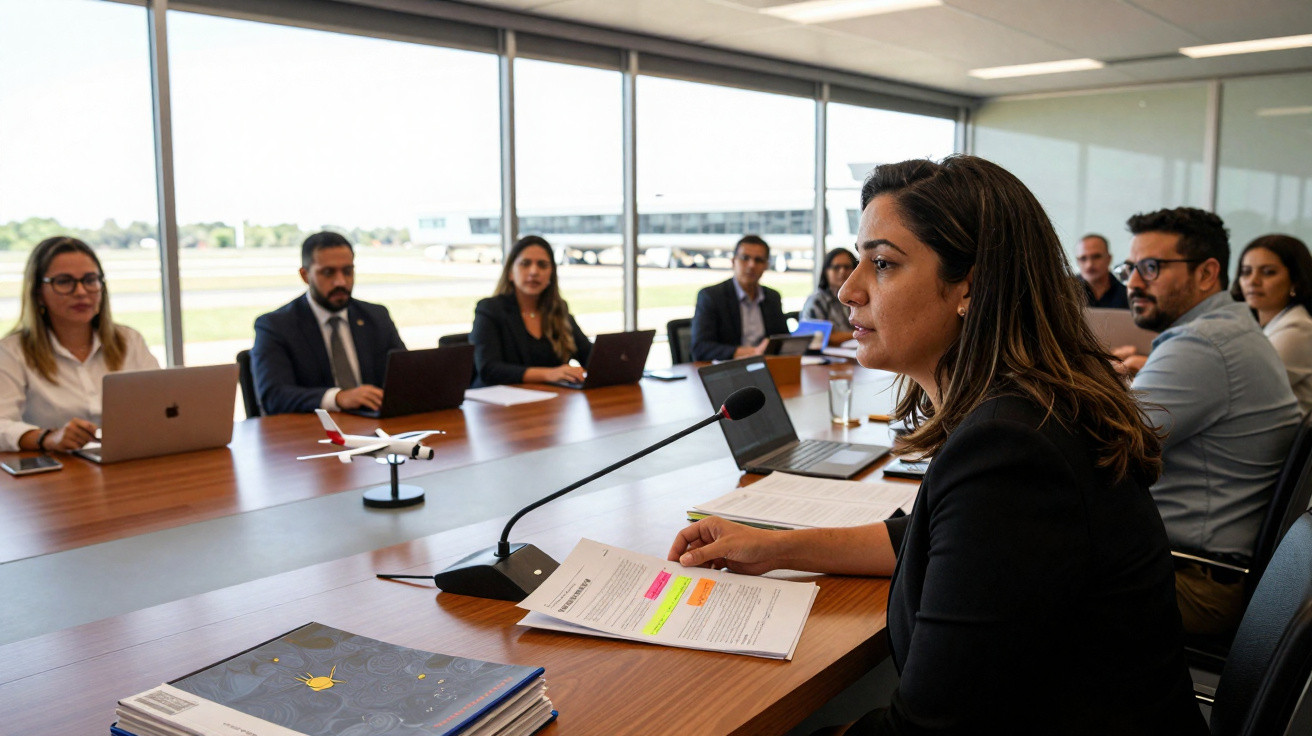 Grupo de profissionais reunidos em sala de reunião com laptops e documentos, discutindo plano de voo.