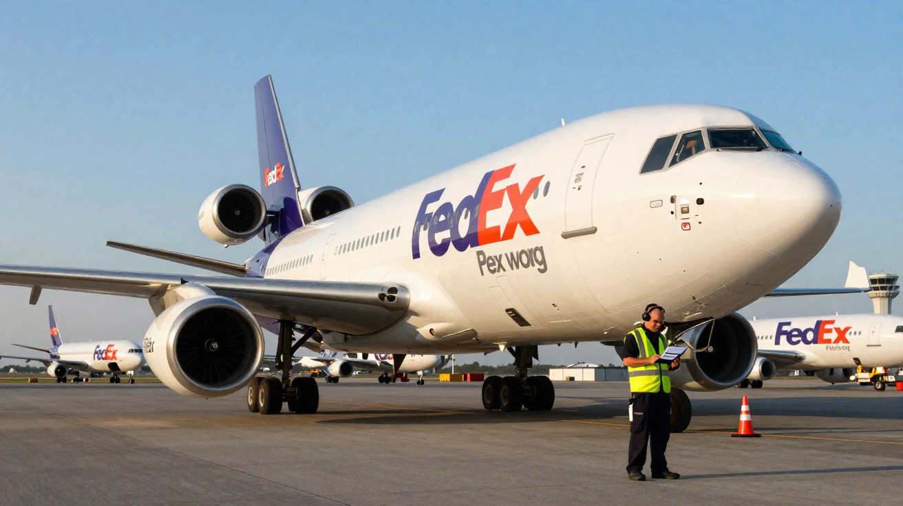 Avião de carga FedEx estacionado no aeroporto com funcionário de colete refletivo verificando documento.