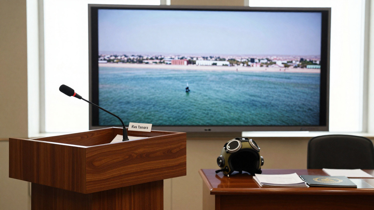 Tribuna de madeira com microfone e tela grande mostrando paisagem marítima em sala de conferências.